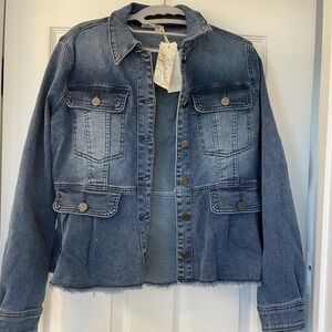 Mystree Dark Blue Denim Jacket with Distressed Hem